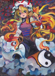 Rule 34 | 1girl, blonde hair, bow, bug, butterfly, butterfly on hand, dated, dress, female focus, gap (touhou), hair bow, hat, insect, long hair, mosho, oil painting (medium), open mouth, painting (medium), smile, solo, tabard, touhou, traditional media, trigram, yakumo yukari, yellow eyes, yin yang