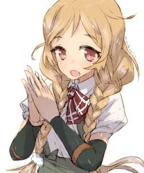 Rule 34 | 1girl, alchera, arm warmers, bow, bowtie, braid, brown eyes, cloud hair ornament, gradient hair, kantai collection, light brown hair, long hair, looking at viewer, low twin braids, minegumo (kancolle), multicolored hair, open mouth, own hands together, plaid, plaid bow, plaid bowtie, plaid neckwear, pleated skirt, red bow, red bowtie, red eyes, shirt, simple background, skirt, solo, suspender skirt, suspenders, twin braids, upper body, white background, white shirt