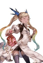 Rule 34 | 10s, 1girl, blonde hair, blue hair, blush, dark-skinned female, dark skin, closed eyes, from below, gift, granblue fantasy, green hair, hair ornament, io (granblue fantasy), long hair, looking away, looking to the side, minaba hideo, multicolored hair, open mouth, shorts, solo, thighhighs, transparent background, tsundere, twintails, valentine