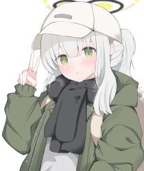 Rule 34 | 1girl, absurdres, black scarf, blue archive, blush, breath, green eyes, green jacket, grey hair, halo, hare (blue archive), hare (camp) (blue archive), hat, highres, hood, hooded jacket, jacket, long hair, long sleeves, looking at viewer, nui (nuinui0300), official alternate costume, open clothes, open jacket, parted lips, ponytail, scarf, simple background, solo, sweatdrop, v, white background, white hat