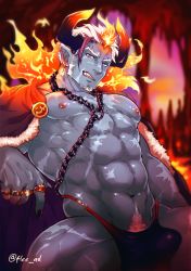 1boy, abs, bara, bare pecs, bikini briefs, blue male underwear, blue skin, chains, colored skin, cross scar, dark skin, dark skinned male, demon boy, demon horns, erection, erection under clothes, facial hair, fire, flee ad, goatee, horns, large pectorals, long sideburns, male focus, male underwear, mature male, muscular, muscular male, navel, navel hair, nipples, original, scar, scar on chest, short hair, sideburns, smirk, solo, spread legs, stomach, stubble, thick thighs, thighs, underwear, white hair