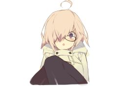 Rule 34 | 1girl, :o, black-framed eyewear, black pantyhose, blush, fate/grand order, fate (series), glasses, hair over one eye, highres, hood, hood down, hoodie, kitada mo, knees up, looking at viewer, mash kyrielight, mash kyrielight (fgo x lawson), official alternate costume, one eye covered, pantyhose, pink hair, purple eyes, short hair, simple background, sitting, solo, white background, wide-eyed