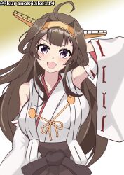 Rule 34 | 1girl, ahoge, breasts, brown background, brown hair, brown skirt, double bun, gradient background, hair bun, hairband, headgear, highres, kantai collection, kongou (kancolle), kurano kisuke, large breasts, long hair, looking at viewer, nontraditional miko, one-hour drawing challenge, purple eyes, ribbon-trimmed sleeves, ribbon trim, skirt, smile, solo, twitter username, upper body