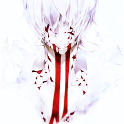 Rule 34 | 1boy, absurdres, alo (m-o-k-e-k-e), blood, blood from mouth, blurry, colored skin, cracked skin, grin, hair over eyes, hair over one eye, highres, male focus, original, sharp teeth, smile, solo, teeth, upper body, white hair, white skin