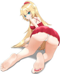 Rule 34 | 1girl, absurdres, akai haato, all fours, alternate costume, aqua eyes, ass, bare shoulders, barefoot, blonde hair, breasts, closed mouth, commentary request, dress, eyelashes, feet, foreshortening, from behind, full body, hair between eyes, highres, hololive, large breasts, legs, long hair, looking back, nail polish, on ground, panties, partially visible vulva, red dress, red nails, shadow, shiny skin, short dress, sidelocks, simple background, sleeveless, sleeveless dress, soles, solo, tamagotozi3420, toe scrunch, toenail polish, toenails, toes, twitter username, underwear, very long hair, virtual youtuber, white panties