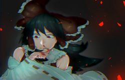 Rule 34 | 1girl, black hair, blood, blood on hands, bloody hand, bow, chromatic aberration, dark, detached sleeves, frills, glowing, hair bow, hair tubes, hakurei reimu, long hair, long sleeves, looking at hand, nosebleed, parted lips, red eyes, ribbon, solo, touhou, wide sleeves, yoshii tachiko
