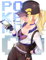 Rule 34 | 10s, 1girl, baseball cap, blue eyes, blush, breasts, cellphone, choker, cleavage, creatures (company), female protagonist (pokemon go), fingerless gloves, game freak, gloves, hand on own hip, hat, hot, large breasts, long hair, matanonki, nintendo, open mouth, phone, pokemon, pokemon go, ponytail, see-through, smartphone, solo, sweat, translated, wet, wet clothes