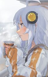 Rule 34 | 1girl, a.i. voice, ahoge, balcony, blue eyes, blue nails, cup, from side, grey hair, hair ornament, handrail, highres, holding, holding cup, kizuna akari, kizuna akari (a.i. voice), long hair, mug, orange shirt, overcast, parted lips, pocche-ex, profile, shirt, sky, solo, star (symbol), star print, striped clothes, striped shirt, suspenders, upper body, variant set, vertical-striped clothes, vertical-striped shirt, voiceroid, white shirt
