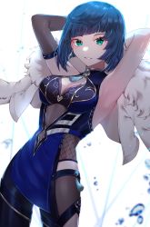 Rule 34 | 1girl, absurdres, armpits, arms behind head, arms up, bare shoulders, blue hair, blunt bangs, bob cut, breasts, cleavage, commentary request, cowboy shot, elbow gloves, fur-trimmed jacket, fur trim, genshin impact, gloves, green eyes, grey gloves, grin, highres, jacket, large breasts, looking at viewer, nq (nnq q), short hair, single glove, sleeveless, smile, solo, standing, thighs, white background, white jacket, yelan (genshin impact)