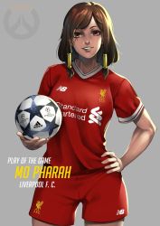Rule 34 | 1girl, adidas, ball, brand name imitation, breasts, brown eyes, brown hair, cleavage, cowboy shot, dark-skinned female, dark skin, facial tattoo, hair ornament, liverpool fc, looking at viewer, lulu-chan92, medium breasts, new balance, overwatch, overwatch 1, parody, parted lips, pharah (overwatch), short hair, signature, simple background, smile, soccer, soccer ball, soccer uniform, solo, sponsor, sportswear, standing, tattoo, uefa champions league