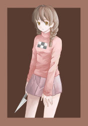 Rule 34 | 1girl, border, braid, brown background, brown eyes, featherwings24, holding, holding knife, knife, long hair, looking at viewer, low twintails, madotsuki, outside border, parted lips, pink sweater, pleated skirt, purple skirt, simple background, skirt, sleeves past wrists, solo, sweater, turtleneck, twin braids, twintails, unusually open eyes, yume nikki