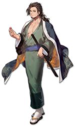 Rule 34 | 1boy, artist request, beard, brown hair, collarbone, facial hair, flower, game cg, green eyes, highres, holding, holding flower, japanese clothes, mahjong soul, male focus, mature male, obi, official art, pectorals, ponytail, sandals, sash, scar, scar on face, scar on forehead, simple background, solo, staff, standing, transparent background, tsukimi zan, yostar