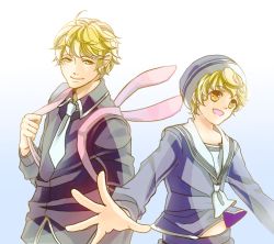 Rule 34 | 1boy, 2boys, :d, age comparison, aged up, androgynous, b[0w0] (dokuimoko), backpack, bag, blonde hair, dual persona, fruits basket, gradient background, hat, multiple boys, multiple persona, necktie, open mouth, outstretched hand, school uniform, serafuku, short hair, smile, souma momiji, time paradox, yellow eyes