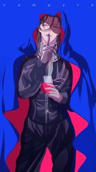 Rule 34 | 1boy, alternate costume, black nails, black pants, black shirt, black vest, blending, blue cape, brown hair, cape, cowboy shot, cup, drinking glass, english text, fangs, fate/grand order, fate (series), finger to mouth, grey scarf, hair slicked back, head tilt, highres, holding, holding cup, hood, hood up, hooded cape, index finger raised, kimiruun, long hair, looking at viewer, male focus, nail polish, open mouth, pants, purple eyes, scarf, shirt, solo, two-sided fabric, vampire, very long fingernails, vest, wine glass, yamanami keisuke (fate)