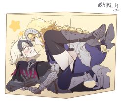 Rule 34 | 2girls, all fours, angry, armor, armored dress, bad id, bad twitter id, blonde hair, blue eyes, blush, box, braid, clenched teeth, cramped, fate/grand order, fate (series), gloves, headpiece, in box, in container, jeanne d&#039;arc (fate), jeanne d&#039;arc (ruler) (fate), jeanne d&#039;arc alter (avenger) (fate), jeanne d&#039;arc alter (fate), long hair, multiple girls, platinum blonde hair, short hair, single braid, star (symbol), teeth, thighhighs, yellow gloves, yuri