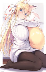 Rule 34 | 1girl, animal ear fluff, animal ears, black pantyhose, blonde hair, blue eyes, blurry, blurry background, blush, bow, breasts, crossed bangs, ears visible through hair, eyes visible through hair, fox ears, fox girl, fox tail, hair bow, highres, huge breasts, hugging own tail, hugging tail, konoha (nozomi tsubame), long hair, long sleeves, no shoes, nozomi tsubame, original, pantyhose, ribbed sweater, sitting, smile, solo, sweater, tail, wariza, white sweater