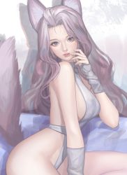 Rule 34 | 1girl, absurdres, animal ear fluff, animal ears, aqua eyes, breasts, commentary, dress, english commentary, fingerless gloves, fox ears, fox girl, fox tail, gloves, grey dress, grey gloves, highres, hitowa, large breasts, lips, long hair, looking at viewer, original, parted lips, purple hair, realistic, sideboob, simple background, solo, tail