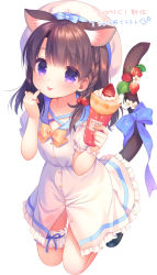 Rule 34 | 1girl, :p, animal ears, beret, black footwear, blue bow, blush, bow, braid, breasts, bridal garter, brown hair, cat ears, cat girl, cat tail, closed mouth, collarbone, crepe, dress, fingernails, flower, food, food-themed hair ornament, fruit, hair ornament, hat, holding, holding food, long hair, looking at viewer, orange bow, original, piyodera mucha, plaid, plaid bow, purple eyes, short hair, simple background, small breasts, smile, solo, strawberry, strawberry hair ornament, tail, tail bow, tail ornament, tongue, tongue out, white background, white dress, white flower, white hat