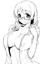 Rule 34 | 10s, 1girl, blush, breasts, cleavage, closed mouth, glasses, hirowa nagi, koizumi hanayo, large breasts, looking at viewer, looking over eyewear, love live!, love live! school idol project, monochrome, navel, no bra, open clothes, short hair, simple background, sketch, smile, solo, standing, wet, wet clothes, white background
