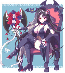 Rule 34 | absurdres, axe, bat (animal), black flower, black gloves, black hair, black rose, black veil, boots, bouquet, breasts, chair, character name, crossed legs, double-sided axe, flower, gloves, high heel boots, high heels, highres, holding, holding axe, ilya (princess connect!), large breasts, llya (ceremonial) (princess connect!), long hair, princess connect!, red eyes, red flower, red rose, rose, sitting, thigh boots, veil, white flower, white rose, yamada (hvcij)