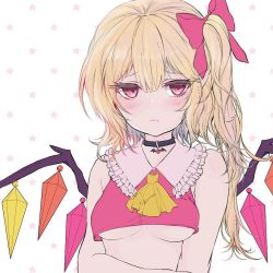 Rule 34 | 1girl, bare arms, bare shoulders, black choker, blonde hair, blush, breasts, choker, closed mouth, crop top, crop top overhang, flandre scarlet, frown, hair ribbon, holding own arm, looking at viewer, medium breasts, medium hair, neckerchief, no headwear, red eyes, red ribbon, ribbon, side ponytail, sidelocks, sleeveless, solo, touhou, underboob, unfinished, upper body, wings, yellow neckerchief, yuma (yuuma pants)