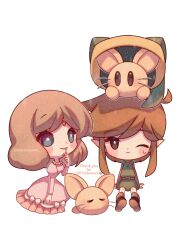 Rule 34 | 1boy, 1girl, absurdres, animal, animal on head, belt, blue eyes, blush, bow, bright pupils, brown belt, brown shirt, chibi, closed mouth, dress, dress bow, finger to mouth, green headwear, green tunic, highres, jewelry, juliet sleeves, link, long sleeves, necklace, nintendo, on head, one eye closed, parted lips, pearl necklace, pink dress, pointy ears, pols voice, poronosuke, princess zelda, puffy sleeves, shirt, shushing, sidelocks, simple background, sitting, thank you, the legend of zelda, the legend of zelda (nes), twitter username, white background, white bow, white pupils
