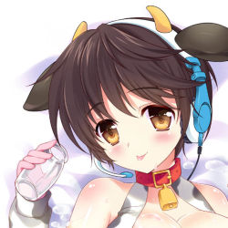 Rule 34 | 10s, 1girl, animal ears, animal print, bare shoulders, bell, neck bell, black hair, blush, bottle, brown eyes, collar, cow ears, cow horns, cow print, cowbell, face, fake animal ears, gloves, headset, horns, idolmaster, idolmaster cinderella girls, milk bottle, oikawa shizuku, pink gloves, rei (rei&#039;s room), short hair, solo, tongue, tongue out