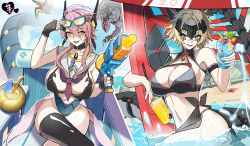 Rule 34 | 2girls, :d, absurdres, adjusting eyewear, alternate costume, bare shoulders, beach, beach chair, beach umbrella, bikini, black gloves, black thighhighs, blonde hair, blue sky, blush, breasts, center opening, chinese commentary, cleavage, cloud, coconut, collar, collarbone, commentary request, cowboy shot, crossed legs, cup, day, dinomorphia kentregina, dinomorphia rexterm, dinomorphia stealthbergia, dinomorphia therizia, dinosaur, drinking straw, duel monster, eyewear on head, fingerless gloves, food, forehead protector, gloves, grey bikini, groin, hair between eyes, hand up, headgear, highres, holding, holding cup, holding food, holding water gun, horns, large breasts, long hair, looking at viewer, mecha, mechanical horns, mechanical tail, midriff, multiple girls, navel, neckerchief, one-piece swimsuit, open mouth, outdoors, pink hair, popsicle, purple neckerchief, reptile girl, robot, sailor collar, sarong, see-through, see-through sarong, shadow, short hair, short hair with long locks, sidelocks, single thighhigh, sitting, sky, slit pupils, smile, sunglasses, swimsuit, tail, teeth, thighhighs, umbrella, upper teeth only, water gun, weapon, whistle, whistle around neck, white sailor collar, yellow eyes, yu-gi-oh!, yutou yutou yu