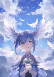 Rule 34 | 1girl, absurdres, bare shoulders, bird, blue eyes, blue hair, blue sky, detached sleeves, dove, flower, head wings, highres, holding, holding flower, looking at viewer, mirin., original, own hands clasped, own hands together, sky, solo, wide sleeves, wing ornament, wings