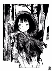 Rule 34 | 1girl, bag, biwa (heike monogatari), commentary request, cowboy shot, forest, greyscale, hat, heike monogatari, highres, monochrome, nature, parted lips, rice hat, short hair, shoulder bag, signature, sleeves past wrists, solo, torn clothes, tree, uchida akira (taaiseee1121)