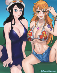 Rule 34 | 2girls, bikini, bikini top only, black hair, blue eyes, blush, boundbooker, bracelet, breasts, cleavage, dress, hat, highres, jewelry, large breasts, long hair, looking at viewer, multiple girls, nami (one piece), nami (one piece) (dressrosa), navel, necklace, nico robin, nico robin (dressrosa), one piece, orange eyes, orange hair, short shorts, shorts, sitting, smile, sunglasses, swimsuit, tattoo