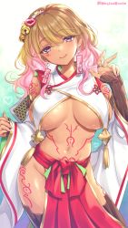 Rule 34 | 1girl, artist name, bell, blonde hair, breasts, earrings, fingernails, gradient hair, hagino kouta, heart, highres, itachi otome, jewelry, large breasts, long hair, looking at viewer, multicolored hair, nail polish, navel, pink hair, pink nails, purple eyes, ring, smile, solo, tan, tattoo, tokyo necro suicide mission, twitter username