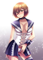 Rule 34 | 1girl, blue thighhighs, blush, breasts, brown eyes, brown hair, caffein, cleavage, front-tie top, full-face blush, highres, large breasts, meiko (vocaloid), no bra, panties, short hair, solo, thighhighs, underwear, vocaloid, white panties
