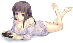Rule 34 | 1girl, akari maki, ass, barefoot, blue eyes, bra, breasts, brown hair, cleavage, feet, handheld game console, large breasts, legs up, lingerie, lips, long hair, lying, no pants, on stomach, open mouth, panties, playing games, playstation portable, shirt slip, solo, sweater, the pose, underwear, video game, white bra, white panties