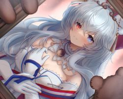 Rule 34 | 1girl, 3 (sanyako1), animal ears, arknights, bare shoulders, bear ears, blue eyes, blush, breasts, cleavage, closed mouth, detached collar, dress, elbow gloves, gloves, hand on own chest, heterochromia, highres, long hair, looking at viewer, medium breasts, off-shoulder dress, off shoulder, official alternate costume, painting (object), picture frame, red eyes, rosa (arknights), rosa (masterpiece) (arknights), silver hair, smile, solo, stuffed animal, stuffed toy, tassel, teddy bear, upper body, very long hair, white dress, white gloves