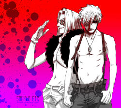 Rule 34 | 2boys, artist name, captain (hellsing), crop top, doctor (hellsing), frown, fur trim, gloves, goggles, gradient background, greyscale with colored background, hair over one eye, hellsing, jewelry, long hair, male focus, multiple boys, navel, necklace, pants, smile, splatter, suspenders, toshimichi yukari, watermark, web address