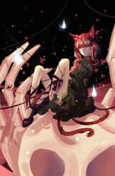 Rule 34 | 1girl, absurdres, animal ears, bad id, bad pixiv id, bone, cat ears, cat tail, da malu, dress, fire, green dress, highres, kaenbyou rin, knees up, looking at viewer, multiple tails, nekomata, red eyes, red hair, ribbon, sitting, slit pupils, solo, tail, touhou, two tails