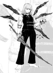 Rule 34 | 1girl, absurdres, aged up, alternate costume, arm at side, barefoot, blunt bangs, choker, cirno, closed mouth, collared shirt, commentary, detached wings, english commentary, floating, floating object, formal, full body, gloves, greyscale, hand up, highres, holding, holding sword, holding weapon, ice, ice wings, light smile, lips, looking at viewer, medium hair, monochrome, mugo (mugokii), pants, parted bangs, ribbon, shirt, single glove, sleeves rolled up, solo, standing, sword, toes, touhou, vest, water, weapon, wing collar, wings, wrist ribbon