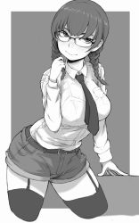 Rule 34 | 1girl, belt, black thighhighs, braid, breasts, garter straps, glasses, grey background, greyscale, hand up, ina (gokihoihoi), large breasts, leaning forward, long hair, looking at viewer, monochrome, necktie, original, shirt, shorts, smile, solo, standing, thighhighs, twin braids, white shirt