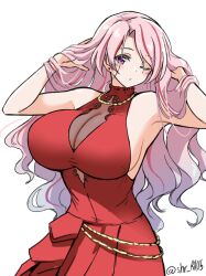 Rule 34 | 1girl, armpits, bare shoulders, blush, breasts, cleavage, closed mouth, dress, ear piercing, hands in hair, huge breasts, jewelry, kantai collection, long hair, looking at viewer, luigi di savoia duca degli abruzzi (kancolle), necklace, official alternate costume, one-hour drawing challenge, piercing, pink hair, purple eyes, red dress, red hair, simple background, sleeveless, sleeveless dress, solo, suke (share koube), twitter username, white background