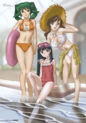 Rule 34 | 00s, 3girls, :d, arm up, armpits, barefoot, bikini, blue hair, breasts, brown hair, casual one-piece swimsuit, cleavage, cleavage cutout, clothing cutout, covered navel, feet, flat chest, goggles, goggles on head, green eyes, green hair, grey eyes, hamakawa shuujirou, hand on shoulder, hat, highres, innertube, kasha maverick, leaning, legs, long hair, megami deluxe, megami magazine, miranda maverick, multiple girls, navel, non-web source, official art, one-piece swimsuit, open mouth, orange bikini, pool, poolside, red one-piece swimsuit, sarong, scan, sitting, smile, soaking feet, soles, solty rei, solty revant, standing, straw hat, swim ring, swimsuit, thigh gap, twintails, wading, water, white bikini