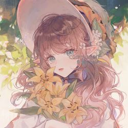 Rule 34 | 1girl, bad id, bad twitter id, bow, bowtie, brown hair, closed mouth, commentary, commission, copyright request, elf, english text, flower, freckles, green eyes, grey bow, grey bowtie, grey hat, hair between eyes, hair flower, hair ornament, hat, highres, leaf, long hair, long sleeves, maccha (mochancc), outdoors, plant, pointy ears, solo, tagme