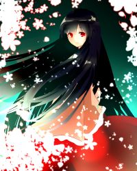 Rule 34 | 1girl, black hair, closed mouth, flower, from side, hime cut, houraisan kaguya, japanese clothes, kimono, long hair, long sleeves, looking at viewer, looking to the side, red eyes, red skirt, sakizaki saki-p, skirt, sleeves past wrists, solo, touhou, very long hair, wide sleeves