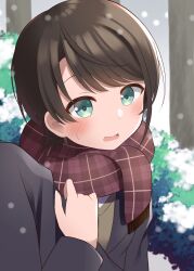 Rule 34 | 1girl, 1other, black jacket, blue eyes, blush, brown hair, highres, holding another&#039;s arm, hololive, jacket, looking at viewer, nero (starlightbrakerexfb), oozora subaru, open mouth, red scarf, scarf, short hair, snow, snowing, virtual youtuber