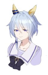 Rule 34 | 1girl, blue hair, bow, bowtie, closed mouth, cropped shoulders, ear covers, hair between eyes, highres, k.s.miracle (umamusume), ningen3333, purple eyes, purple shirt, sailor collar, shirt, short hair, simple background, smile, solo, umamusume, white background