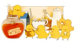 Rule 34 | bird, buku (bunnbuk), butter, chick, cup, food, fork, holding, holding fork, holding knife, holding spoon, knife, no humans, original, pancake, plate, spoon, syrup, teacup, teapot