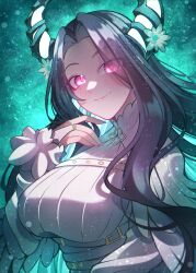 Rule 34 | absurdres, aqua hair, black hair, breasts, capelet, colored inner hair, craymer, demon horns, highres, hololive, hololive english, horns, large breasts, long hair, long sleeves, looking at viewer, malpha ravencroft, mole, mole under eye, multicolored hair, pink eyes, smile, two-tone hair, very long hair, virtual youtuber, wavy hair, white capelet