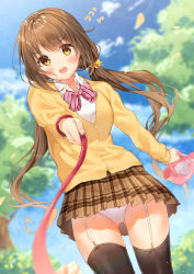 Rule 34 | 1girl, bag, black thighhighs, blouse, blue sky, blurry, blurry background, blurry foreground, blush, bow, breasts, brown eyes, brown hair, brown skirt, cardigan, cloud, collared shirt, commentary request, day, depth of field, diagonal stripes, dress shirt, flying sweatdrops, garter straps, gyozanuko, hair bow, highres, holding, holding bag, leash, long hair, long sleeves, looking at viewer, low twintails, open mouth, original, outdoors, panties, pink bow, plaid, plaid skirt, pleated skirt, pov, shirt, skirt, sky, small breasts, solo, striped, striped bow, thighhighs, tree, twintails, underwear, v-shaped eyebrows, very long hair, viewer on leash, white panties, white shirt, yellow bow, yellow cardigan