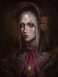 Rule 34 | 1girl, ascot, azure meraki, bad id, bad twitter id, bloodborne, bonnet, brown background, closed mouth, dated, flower, highres, jewelry, looking at viewer, making-of available, necklace, plain doll, portrait, red ascot, revision, rose, signature, solo, white hair, yellow flower, yellow rose