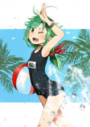 Rule 34 | 1girl, annin musou, arm up, bad id, bad twitter id, ball, bandaid, bandaid on leg, beachball, black one-piece swimsuit, blush, derivative work, feet out of frame, green eyes, green hair, highres, holding, holding ball, holding beachball, kantai collection, long hair, matsu (kancolle), name tag, one-piece swimsuit, one eye closed, open mouth, school swimsuit, smile, solo, swimsuit, water drop
